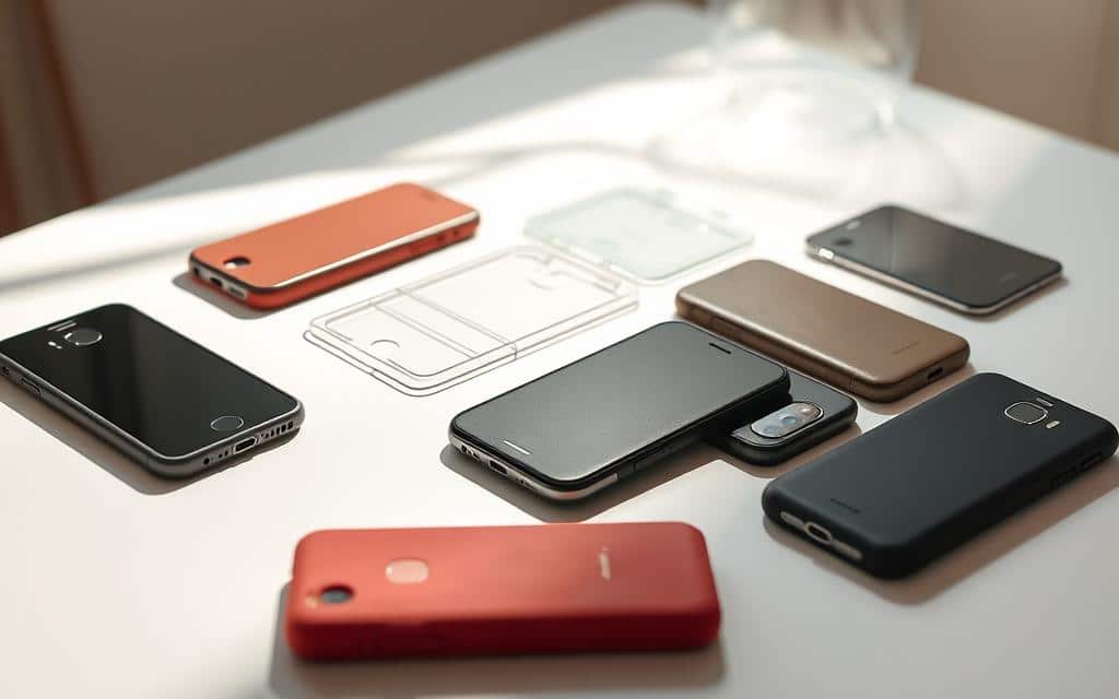 A beautifully lit, high-resolution photograph of a selection of device protection accessories neatly arranged on a clean, minimalist white tabletop. In the foreground, various smartphone cases in an array of colors and textures - sleek silicone, durable leather, and vibrant patterns. In the middle ground, a collection of tempered glass screen protectors, their crystal-clear surfaces reflecting the soft, diffused lighting. In the background, a subtle shadow play adds depth and dimensionality to the scene, creating a sense of thoughtful, purposeful composition.