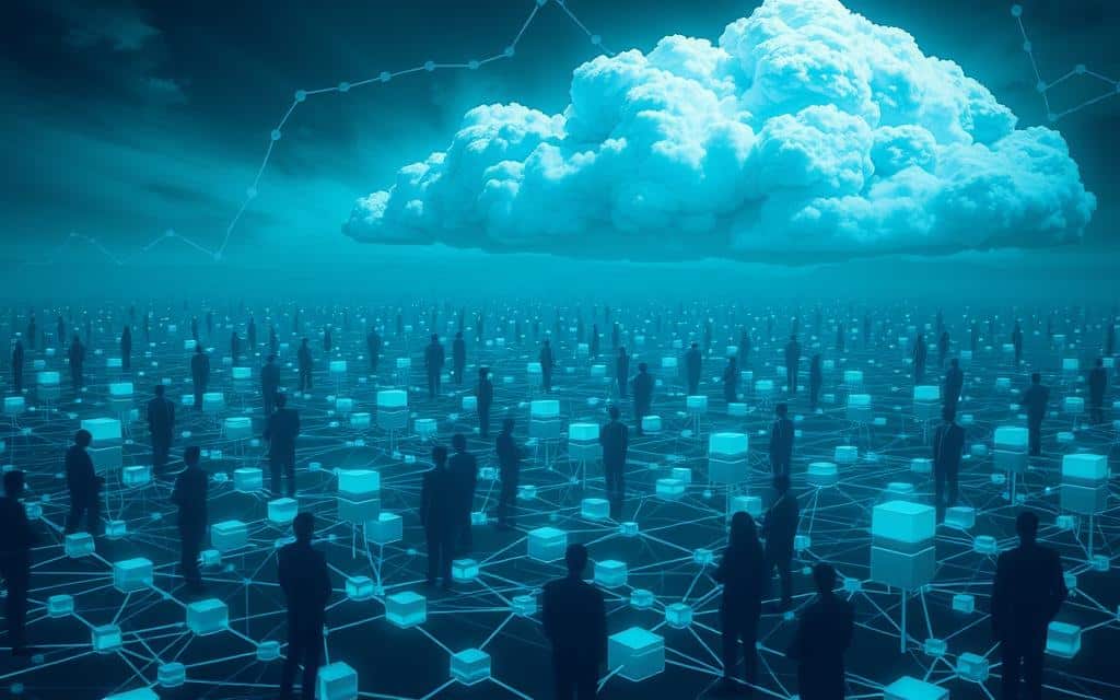 A blockchain network with its complex infrastructure, representing the challenges of widespread adoption. In the foreground, a maze of interconnected nodes and data blocks, symbolizing the technical intricacies. In the middle ground, frustrated users navigating the system, highlighting the need for user-friendly interfaces. In the background, a looming cloud of regulatory uncertainty and security concerns, casting shadows over the blockchain's potential. The scene is illuminated by a cool, technological glow, suggesting the blend of innovation and obstacles inherent in this emerging technology.
