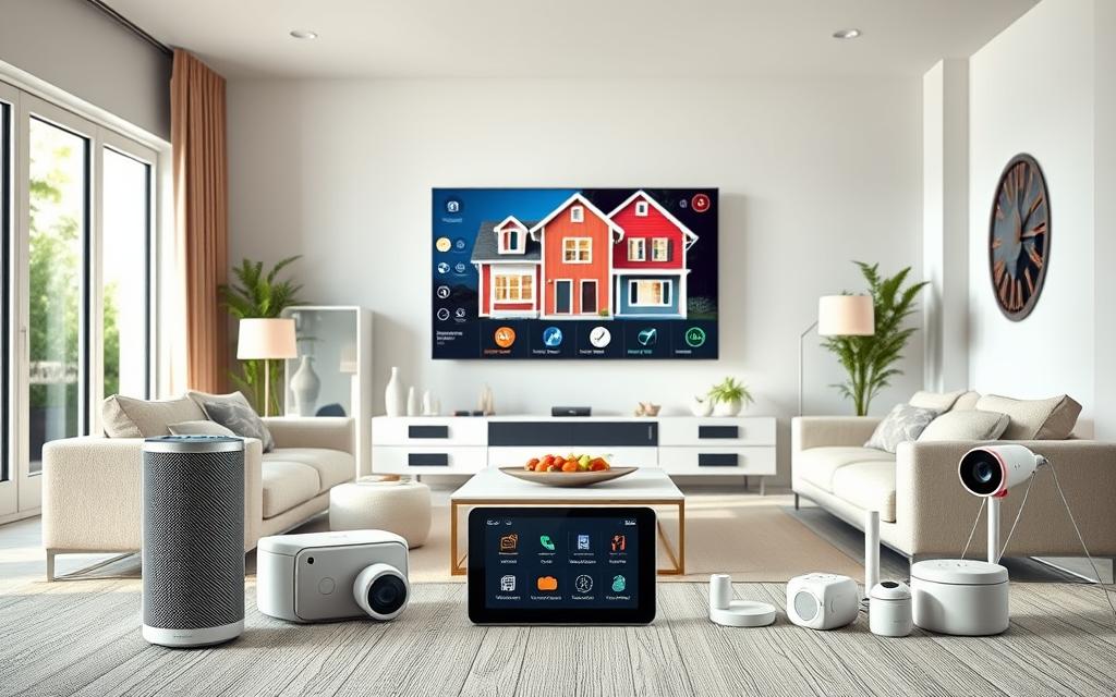 A bright, modern living room with minimalist furniture and large windows, the perfect setting to showcase a range of smart home devices. In the foreground, a sleek, voice-controlled smart speaker stands prominently, its display illuminated with helpful information. Surrounding it, a selection of smart lighting options, thermostats, and security cameras are artfully arranged, showcasing their seamless integration and intuitive controls. The middle ground features a stylish, tablet-like smart home hub, its interface displaying a range of customizable settings and options. In the background, a large, high-definition television screen displays a vivid, real-time visualization of the connected smart home system, highlighting its efficiency and convenience. The overall atmosphere is one of simplicity, technology, and the effortless harmony of a well-designed smart home.