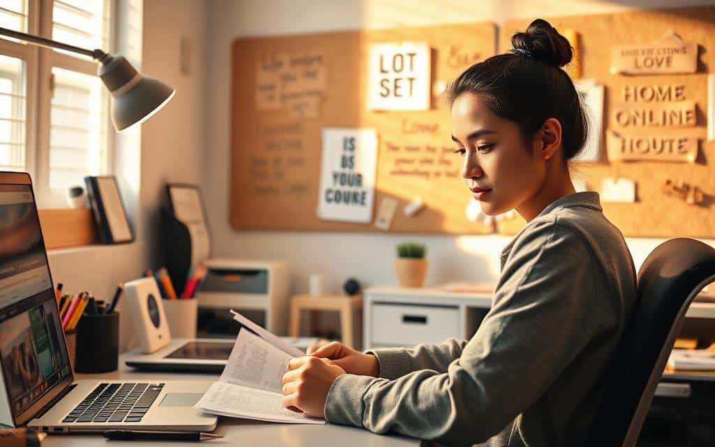A brightly lit home office with a desk, laptop, and various stationery items. In the foreground, a person is intently studying course materials, their face lit with a serene expression. In the background, inspirational quotes and motivational reminders are pinned to a corkboard, creating a space conducive to focused online learning. The lighting is warm and natural, casting a soft glow over the scene. The overall atmosphere is one of productivity, organization, and a sense of personal growth and achievement.