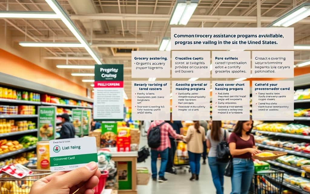 A bustling grocery store interior with bright overhead lighting, wide aisles, and a diverse array of shelves stocked with various food items. In the foreground, a person in casual clothing stands at a checkout counter, holding a government-issued assistance card, representing the common grocery assistance programs available in the United States. The middle ground features informative signage and displays highlighting the various assistance programs, their eligibility criteria, and the types of groceries they cover. The background showcases a mix of shoppers from diverse backgrounds, exemplifying the accessibility and reach of these support systems. The overall scene conveys a sense of community, empowerment, and a commitment to providing access to essential food resources.