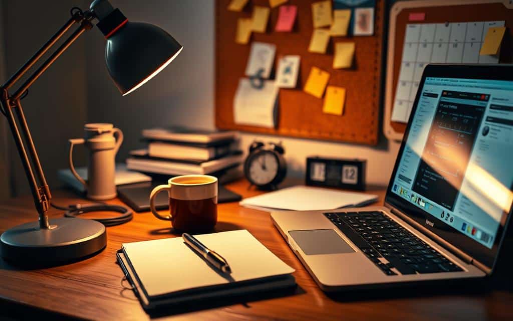 A busy student's desk, illuminated by a warm desk lamp, showcases a range of productivity tools. In the foreground, a notebook and pen stand ready for note-taking, while a laptop displays a well-organized digital workspace. The middle ground features a cup of coffee, a pair of noise-cancelling headphones, and a timer, signifying the student's focus on time management. In the background, a corkboard displays sticky notes and a calendar, hinting at a structured approach to tasks and deadlines. The overall scene conveys a sense of determination and a commitment to overcoming obstacles to achieve academic success.
