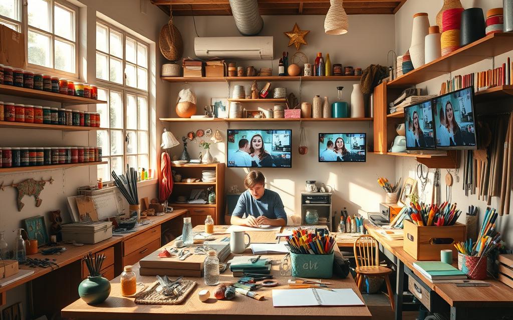 A cozy DIY workshop with an array of creative tools and materials scattered across a wooden workbench. Sunlight streams in through large windows, casting a warm, natural glow across the space. On the walls, shelves are lined with jars of colorful paints, spools of vibrant threads, and an assortment of crafting supplies. In the center, a YouTuber sits at the desk, intently focused on a project, surrounded by a clutter of inspiring DIY tutorials and instructional videos playing on multiple screens. The atmosphere exudes a sense of passion, curiosity, and the joy of learning through hands-on experimentation.