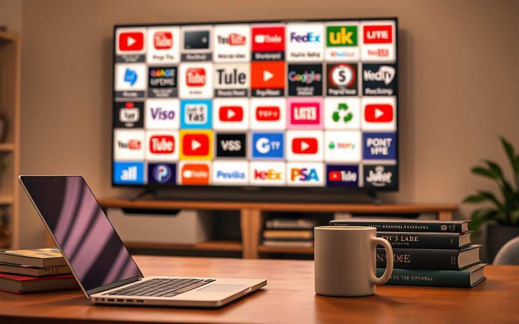 A cozy home workspace with a sleek laptop, a stack of programming books, and a mug of steaming coffee. In the background, multiple YouTube channel logos are displayed on a wall-mounted monitor, showcasing a diverse array of programming tutorial channels. The lighting is warm and inviting, creating a comfortable learning environment. The scene is captured from a slightly elevated angle, giving a sense of depth and perspective. The overall atmosphere conveys a productive, yet relaxed, setting for exploring the boundless programming knowledge available on YouTube.