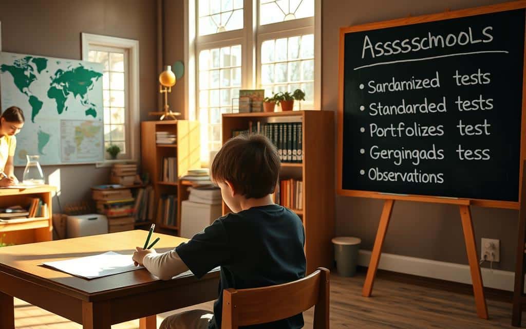 A cozy homeschool classroom with natural lighting streaming through large windows. In the foreground, a student sits at a wooden desk, intently working on a worksheet, pencil in hand. The middle ground features educational aids such as a world map, science equipment, and a bookshelf filled with textbooks. The background showcases a chalkboard displaying a list of assessment methods, including standardized tests, portfolios, and ongoing observations. The overall atmosphere is one of focused learning and thoughtful evaluation.