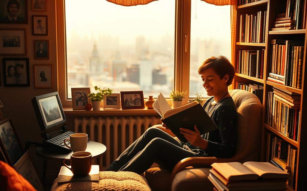 A cozy reading nook, bathed in warm, golden light from a nearby window. In the foreground, a person sits comfortably, lost in the pages of a book, their face reflecting the joy and concentration of deep immersion. Surrounding them, a tapestry of social connections - framed photographs, mementos, and subtle cues that hint at the reader's vibrant web of relationships. The middle ground features a welcoming armchair, a side table with a steaming mug, and a bookshelf brimming with volumes, suggesting an environment conducive to both personal reflection and shared experiences. In the background, a softly blurred cityscape or natural landscape, reminding the viewer of the wider world beyond the intimate, reading-centric scene. The overall mood is one of tranquility, intellectual engagement, and the enriching power of social bonds cultivated through the act of reading.