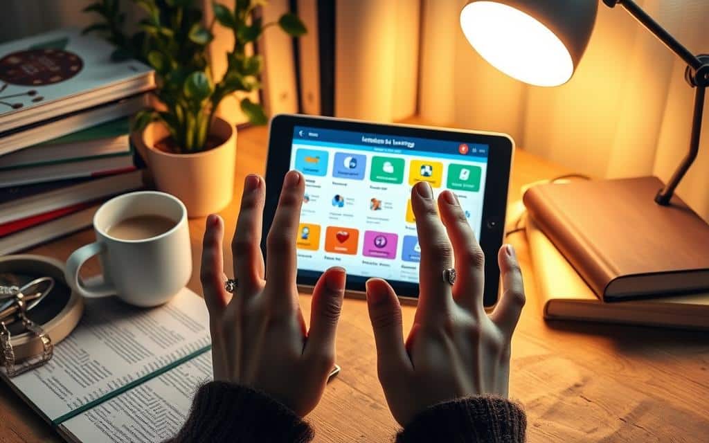 A cozy study space with a language learning app open on a tablet, surrounded by stacks of books, a mug of coffee, and a potted plant. Warm lighting from a desk lamp creates a focused, productive atmosphere. The app's interface displays a colorful array of interactive lessons, exercises, and progress tracking tools. In the foreground, a pair of hands gestures expressively, highlighting the engaging, hands-on nature of the app-based learning experience. Subtle textures and soft, muted tones convey a sense of comfort and concentration, inviting the viewer to imagine themselves immersed in the process of mastering a new language.