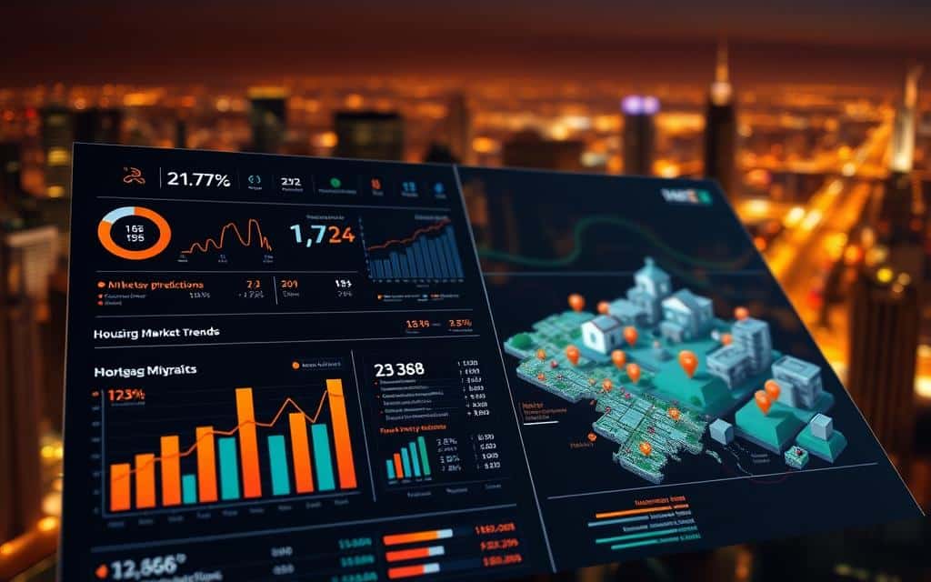 A detailed, data-driven analysis of the current housing market trends, illuminating the key factors shaping the real estate landscape. Foreground depicts a sleek, modern infographic dashboard with charts, graphs, and interactive visualizations, presenting a comprehensive overview of metrics like home prices, mortgage rates, inventory levels, and market predictions. Middle ground showcases a stylized 3D map of the region, color-coded to highlight market hotspots and price fluctuations. Background features an atmospheric cityscape, with towering skyscrapers and a vibrant, bustling urban environment. Warm, directional lighting casts a professional, authoritative tone, while a subtle depth of field emphasizes the analytical focus. The overall scene conveys a sense of data-driven insights and expert market intelligence to guide informed real estate decisions.