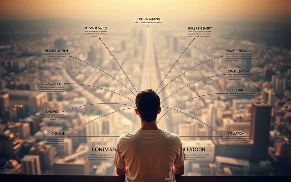 A detailed diagram depicting a comprehensive career decision-making strategy. In the foreground, a person sits thoughtfully, surrounded by a network of connected decision-making elements, including personal values, skills assessment, industry research, and goal visualization. The middle ground features a timeline of the decision-making process, with milestones and decision points clearly marked. In the background, a cityscape represents the diverse career options and pathways available, with a sense of depth and perspective. The lighting is soft and warm, creating a contemplative and focused atmosphere, while the camera angle is slightly elevated, providing an overview of the decision-making landscape. The overall mood conveys a sense of intentionality, clarity, and purpose in the career decision-making process.