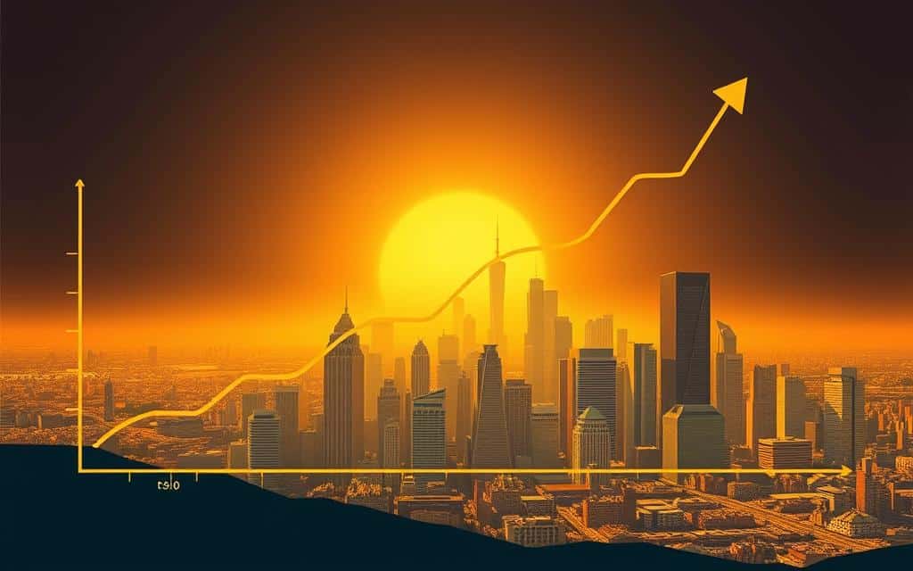 A detailed illustration of compound interest growth over time, showcased through a visually striking visualization. In the foreground, a bold, geometric chart depicting the exponential expansion of an initial investment, with lines and shapes undulating and converging to represent the compounding effect. The midground features a stylized cityscape, with towering skyscrapers and bustling urban landscapes, symbolizing the wealth and prosperity generated by the power of compound interest. The background is bathed in a warm, golden light, creating a sense of optimism and financial well-being. The overall composition conveys the transformative and empowering nature of compound interest, a crucial concept for understanding personal finance and long-term wealth accumulation.