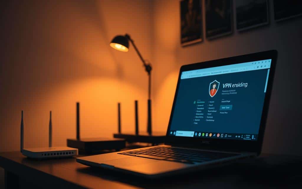A dimly lit room with a laptop on a desk, its screen displaying a virtual private network (VPN) interface. The laptop is surrounded by various networking devices, such as a router and modem, conveying the technical nature of the setup. Soft, warm lighting illuminates the scene, creating a cozy and focused atmosphere. The room is adorned with minimal decor, keeping the focus on the VPN-enabled technology. The overall composition suggests the user's ability to securely access restricted content, connecting to a virtual world beyond the physical space.