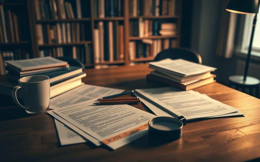 A dimly lit study room with a wooden desk, a stack of books, and a cup of coffee. In the foreground, several worksheets, pencils, and a magnifying glass lay on the desktop, suggesting an exercise in critical thinking and analysis. Soft, warm lighting casts a contemplative mood, while the arrangement of the objects implies a thoughtful, focused learning environment. The background features a bookshelf filled with volumes, hinting at the wealth of knowledge available to the learner. The overall scene conveys a sense of intellectual engagement and the development of crucial cognitive skills.