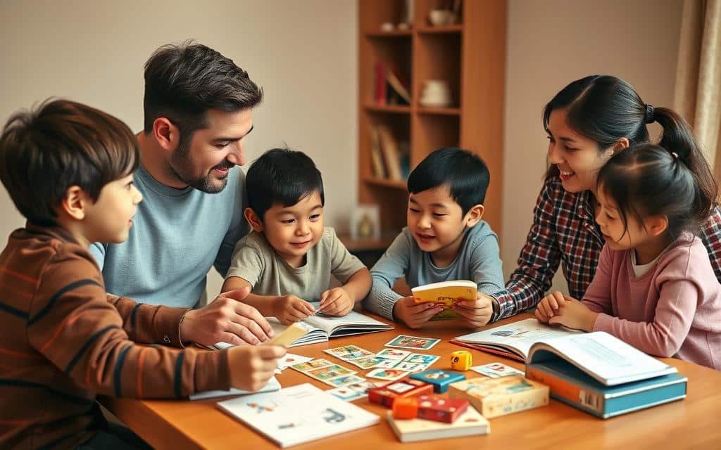 A diverse family of four - two parents and two children - sitting around a table, engaged in a lively discussion. The parents, one Caucasian and one Asian, speak to their children, one boy and one girl, in both English and a foreign language, fostering a bilingual learning environment. Warm, soft lighting illuminates the scene, creating a cozy, inviting atmosphere. The table is covered with educational materials, such as books, flashcards, and learning aids, highlighting the family's commitment to supporting bilingual education at home. The children's faces express curiosity and enthusiasm as they learn from their parents, who guide them with patience and care.