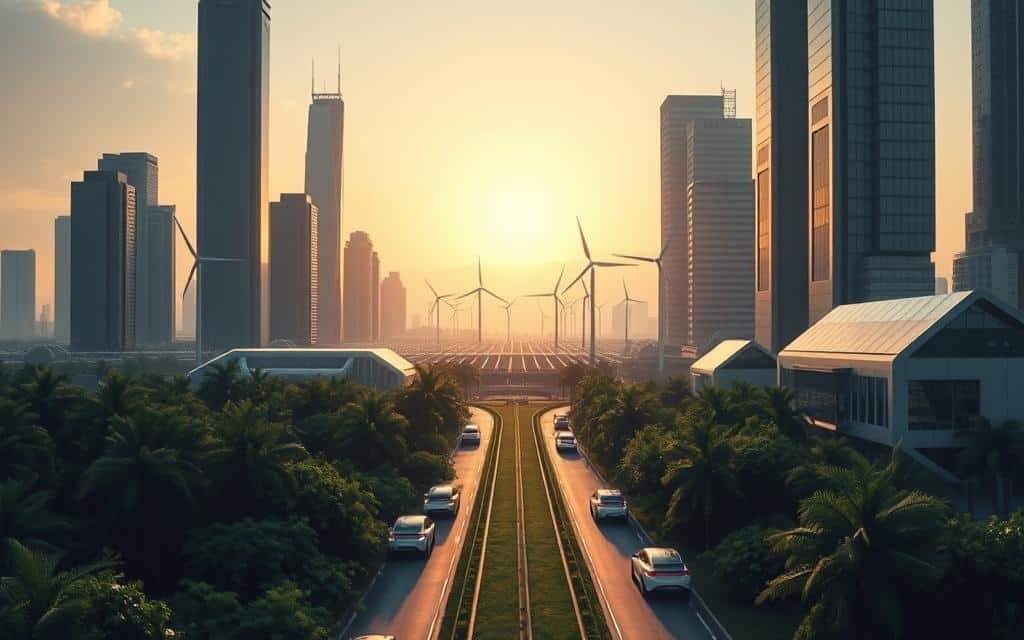 A futuristic cityscape with towering skyscrapers powered by clean energy sources. In the foreground, sleek electric vehicles glide along eco-friendly boulevards lined with lush, verdant greenery. In the middle ground, a cutting-edge solar farm and wind turbines dot the horizon, casting long shadows across the scene. The background is illuminated by a warm, golden glow, conveying a sense of optimism and technological progress in harmony with the natural world. The entire image is bathed in a soft, diffused lighting, creating a serene and visually striking representation of sustainable technology innovations.