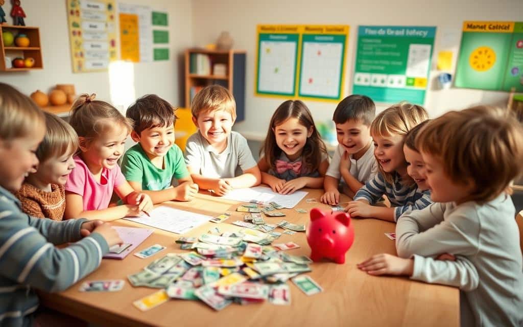 A group of smiling children sit around a table, engaged in a hands-on money management activity. Soft, natural lighting illuminates the scene, casting warm shadows. In the foreground, colorful play money, piggy banks, and financial planning tools are scattered, demonstrating the kids' active involvement. In the middle ground, the children enthusiastically discuss their strategies, their faces lit with curiosity and concentration. The background features a cozy, inviting setting, such as a classroom or family room, with cheerful decor and educational posters, conveying a sense of a nurturing environment for financial literacy.