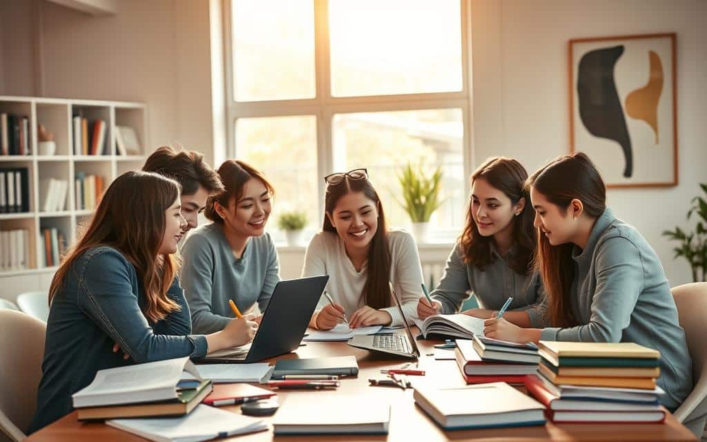 A group of students gathered around a table, engaged in lively discussion and note-taking. Warm, natural lighting filters through large windows, casting a cozy glow on their collaborative efforts. In the foreground, a diverse set of textbooks, laptops, and stationery items are neatly arranged, reflecting the students' commitment to their studies. In the middle ground, the faces of the students are animated, their expressions conveying a sense of camaraderie and intellectual curiosity. The background features a clean, minimalist office space, with bookshelves and abstract artwork adding a touch of sophistication. The overall scene exudes a productive, focused atmosphere, capturing the essence of a productive study group session.