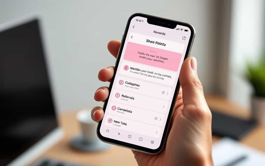 A high-quality, photorealistic image of a smartphone screen displaying the Shein rewards program interface. The screen features a prominently displayed "Shein Points" section, showcasing various ways to earn points, such as daily logins, purchases, referrals, and completing tasks. The interface has a clean, modern design with a sleek, minimalist aesthetic. The smartphone is held in a natural hand position, captured in a flattering three-quarter angle with soft, directional lighting that accentuates the screen's details. The background is a subtle, blurred office or home environment, adding context and a sense of everyday functionality. The overall mood is one of simplicity, efficiency, and the satisfaction of building one's Shein rewards balance.