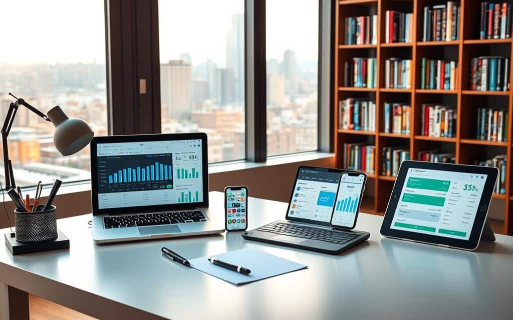 A high-resolution, detailed image of a modern home office setting showcasing various budgeting apps and financial tools. In the foreground, a sleek, minimalist desk features a laptop, a smartphone, and a digital tablet displaying budget-tracking dashboards and expense management apps. On the desk, a stylish desk organizer holds a pen, a notebook, and a calculator. The middle ground includes a bookshelf filled with personal finance books and magazines. The background features a large window overlooking a scenic cityscape, bathed in warm, natural lighting. The overall mood is one of productivity, organization, and financial empowerment.