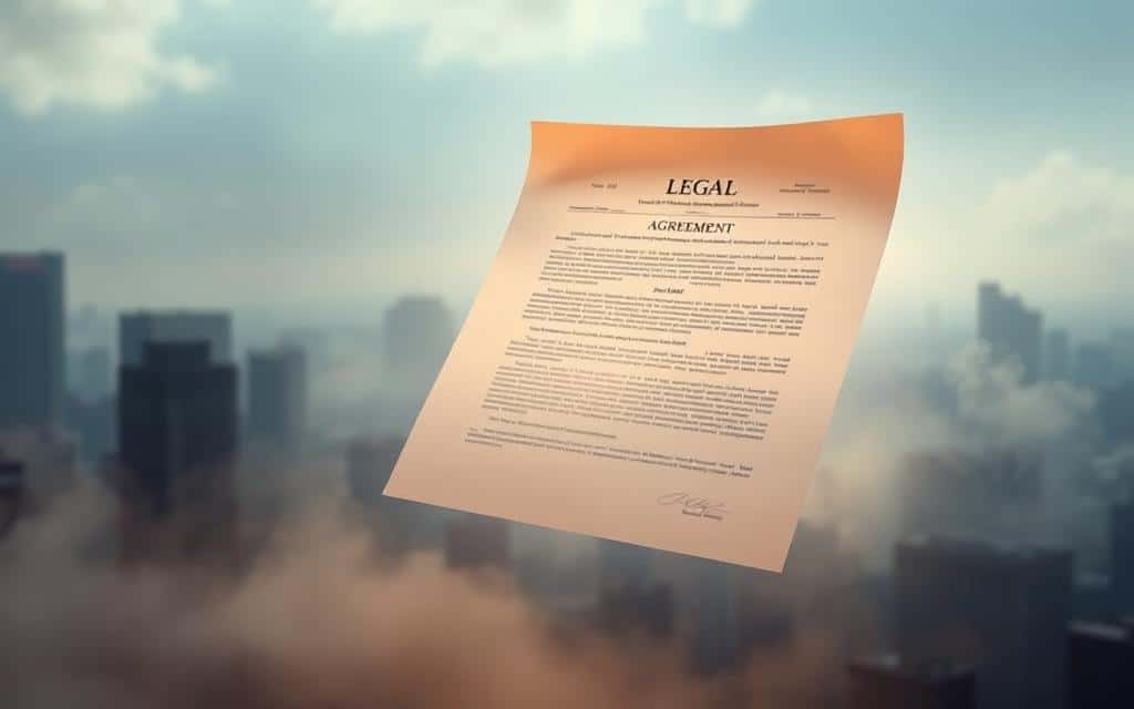 A legal document floating in an airy, ethereal space, illuminated by soft, diffuse lighting. The document appears to be a contract or agreement, with detailed fine print and official seals. In the background, a cityscape of high-rise buildings, symbolic of the technological and legal landscape surrounding smartphone privacy. The foreground is hazy and slightly out of focus, drawing the viewer's attention to the legal protections and regulations governing smartphone data and privacy. The overall tone is one of contemplation and subtle unease, hinting at the complex and often opaque nature of digital privacy laws.