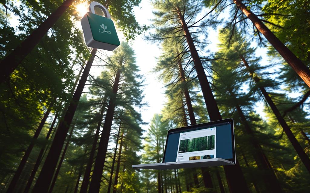 A lush, verdant forest canopy, filtered sunlight casting a warm, chrome-like glow across the scene. In the foreground, a sleek, minimalist Chrome extension icon hovers, its design elegant and focused. The middle ground features a laptop screen, its display showcasing the Forest productivity tool, its interface clean and intuitive. In the background, towering evergreens stretch towards the sky, their branches swaying gently in a light breeze. The overall atmosphere is one of calm, concentration, and a sense of connection to nature, reflecting the purpose of the Forest extension to help users stay focused and productive.