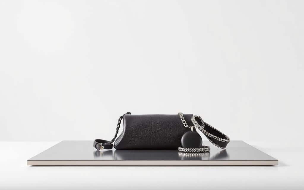 A modern, minimalist product shot of a Shein clothing item and accessories against a clean, white background. The item is positioned at a slight angle, with soft, even lighting from the left side, highlighting the texture and details. The middle ground features a sleek, brushed metal table or surface, reflecting the product subtly. The background has a seamless, pure white backdrop, creating a sense of simplicity and focus on the item itself. The overall mood is professional, elegant, and emphasizes the high-quality nature of the Shein product being showcased.