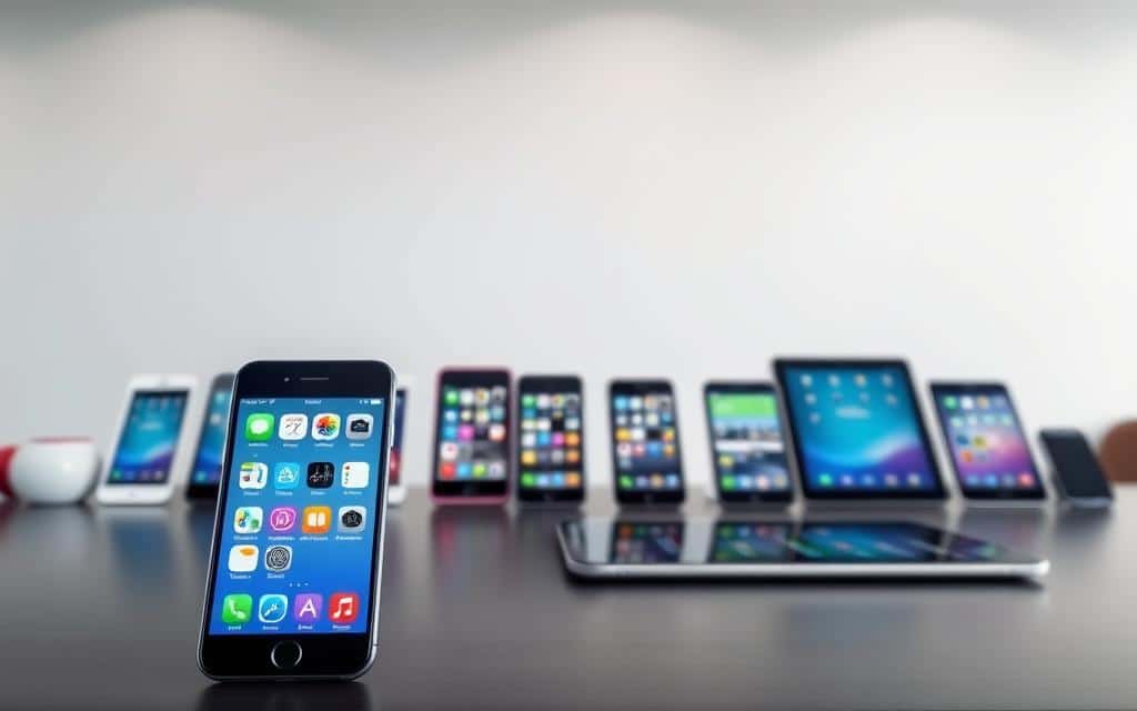 A modern office desk with a smartphone and tablet in the foreground, displaying various mobile backup app icons. Behind them, a row of other smartphones and tablets in different angles, representing iOS and Android devices. In the background, a clean, minimalist wall with a subtle gradient pattern, providing a clean and professional backdrop. The lighting is soft and diffused, creating a calm and organized atmosphere. The overall composition conveys the idea of multiple devices and backup solutions, emphasizing the variety and importance of third-party mobile backup apps.