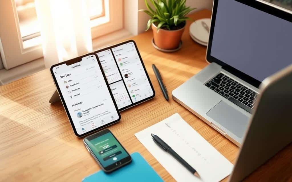 A neatly arranged workspace with a smartphone, tablet, and laptop on a wooden desk. Sunlight filters through a nearby window, casting a warm glow. Productivity apps are displayed on the screen, including to-do lists, calendars, and time-tracking tools. Stylish stationery and a potted plant add touches of minimalist elegance. The scene conveys a sense of focused, organized efficiency, inspiring the viewer to optimize their own time management.