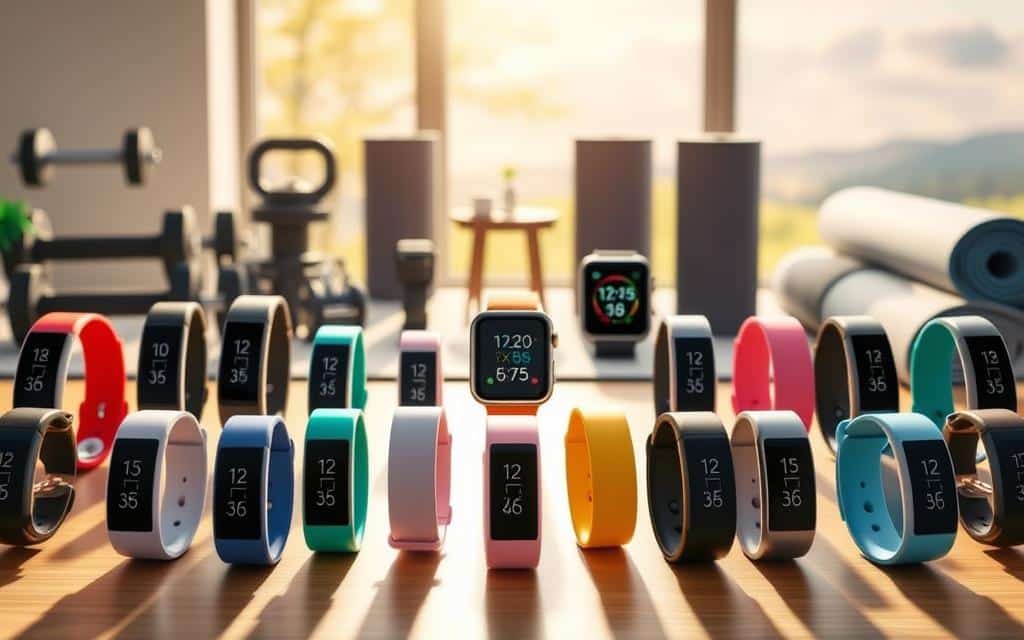 A neatly organized display of diverse budget fitness trackers, bathed in warm, natural lighting. The foreground showcases an array of sleek, minimalist wearable devices in various colors, each with a clear digital display. The middle ground features a selection of smartwatches and bands, their features and specifications presented in a clean, informative manner. The background subtly blends fitness-themed elements, such as dumbbells, yoga mats, and a serene, nature-inspired landscape, creating a holistic, lifestyle-oriented ambiance. The overall composition conveys a sense of affordability, functionality, and an active, healthy lifestyle within a $50 budget.