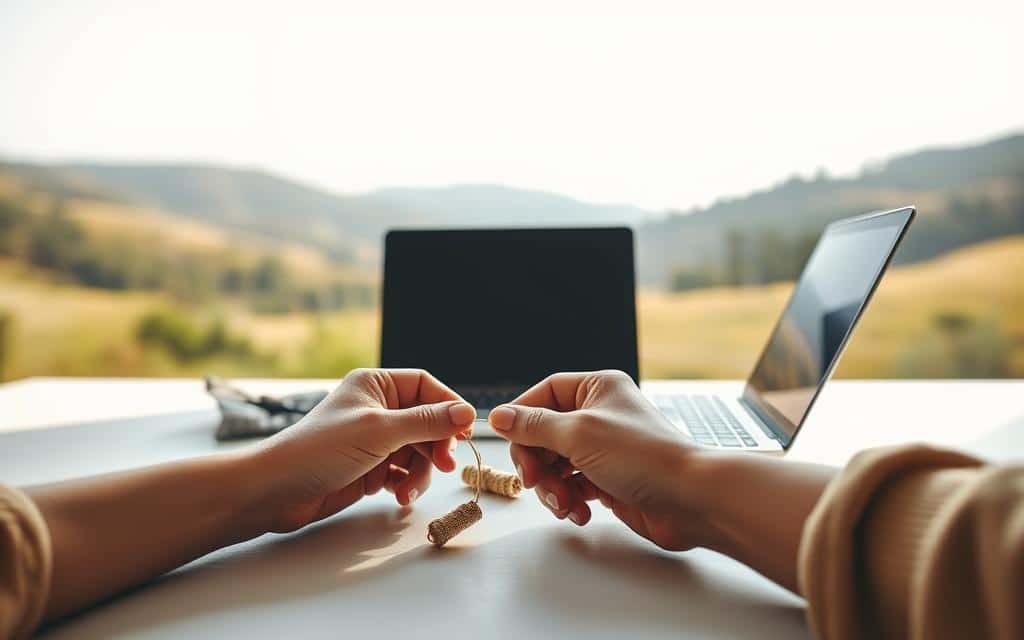 A serene, minimalist scene depicting "Passive Income Skills Monetization". In the foreground, a person's hands skillfully crafting a handmade item, representing the conversion of their expertise into a passive income stream. The middle ground features a laptop, symbolizing the digital realm where these skills can be monetized. The background is a tranquil, natural landscape, conveying a sense of calm and balance. Soft, natural lighting illuminates the scene, creating an atmosphere of focus and productivity. Captured through a wide-angle lens, the composition emphasizes the harmony between the person's craft, the technology, and the natural environment.