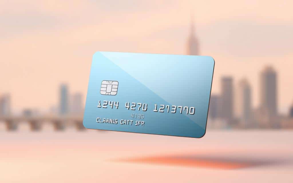 A sleek, minimalist credit card with a balanced color scheme floats against a soft, blurred background. The card's surface is polished, reflecting a subtle gradient of blues and grays. The card's design is clean and modern, with a simple logo and branding elements. The background is a serene, out-of-focus cityscape, suggesting the idea of financial balance and control. Warm, directional lighting illuminates the card, creating a sense of depth and emphasizing its solid, tangible presence. The overall mood is one of sophistication, efficiency, and financial responsibility.