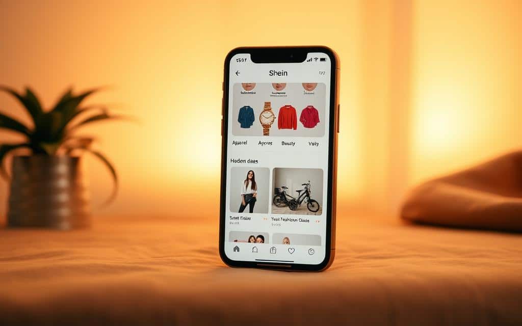 A sleek mobile app interface, the Shein app's navigation showcases a curated selection of the latest fashion deals. In the foreground, a minimalist product grid displays a range of stylish apparel, accessories, and beauty items, each with eye-catching visuals and tempting discounts. The middle ground features a clean, uncluttered layout with intuitive category tabs, allowing users to effortlessly browse and discover hidden gems. In the background, a subtle gradient backdrop sets a sophisticated tone, complementing the app's polished aesthetic. Warm, diffused lighting illuminates the scene, creating a sense of inviting comfort and exclusivity. The overall composition conveys a seamless, user-friendly experience, highlighting Shein's commitment to providing its mobile users with exceptional deals and a tailored shopping journey.