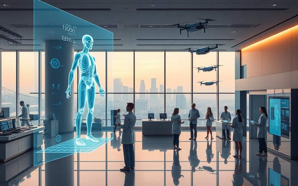 A sleek, modern hospital lobby filled with futuristic medical devices and holographic displays. In the foreground, a floating holographic projection shows a detailed 3D model of the human body, doctors gesturing as they analyze the data. In the middle ground, nurses and patients interact with touch-enabled surfaces, accessing personalized health records and treatment plans. The background features an expansive window overlooking a cityscape, where autonomous drones and vehicles ferry supplies and patients. Warm, indirect lighting creates a soothing, high-tech ambiance, while clean lines and minimalist design evoke a sense of innovation and progress in healthcare.