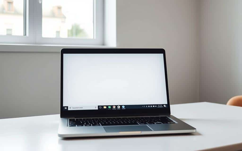 A sleek, modern laptop on a minimalist desk, its startup screen displayed in crisp, high-resolution detail. The screen shows a clean, intuitive interface with streamlined icons and menus, hinting at optimized performance. Soft, diffused lighting from a nearby window illuminates the scene, creating a sense of calm and focus. The laptop's brushed metal chassis gleams subtly, suggesting a high-quality, well-maintained device. In the background, a simple, uncluttered wall provides a neutral backdrop, allowing the laptop to take center stage as the focal point of the image.