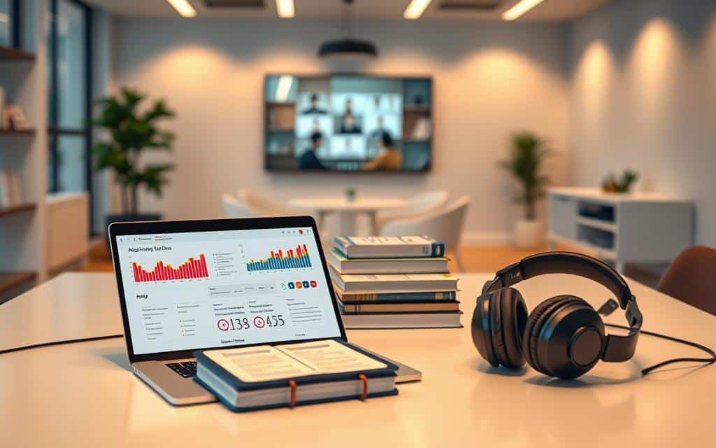 A sleek, modern office workspace filled with AI-powered exam preparation tools. In the foreground, a laptop displays adaptive learning software, with colorful graphs and analytics. On the desk, a tablet showcases an interactive virtual tutor, ready to guide the user through practice questions. The middle ground features a stack of textbooks, digital flashcards, and a pair of noise-cancelling headphones for focused study. The background is a minimalist, well-lit environment with a large monitor displaying a virtual classroom, creating an immersive learning experience. Warm, ambient lighting and clean lines convey a sense of productivity and focus, highlighting the seamless integration of AI technology into the exam preparation process.