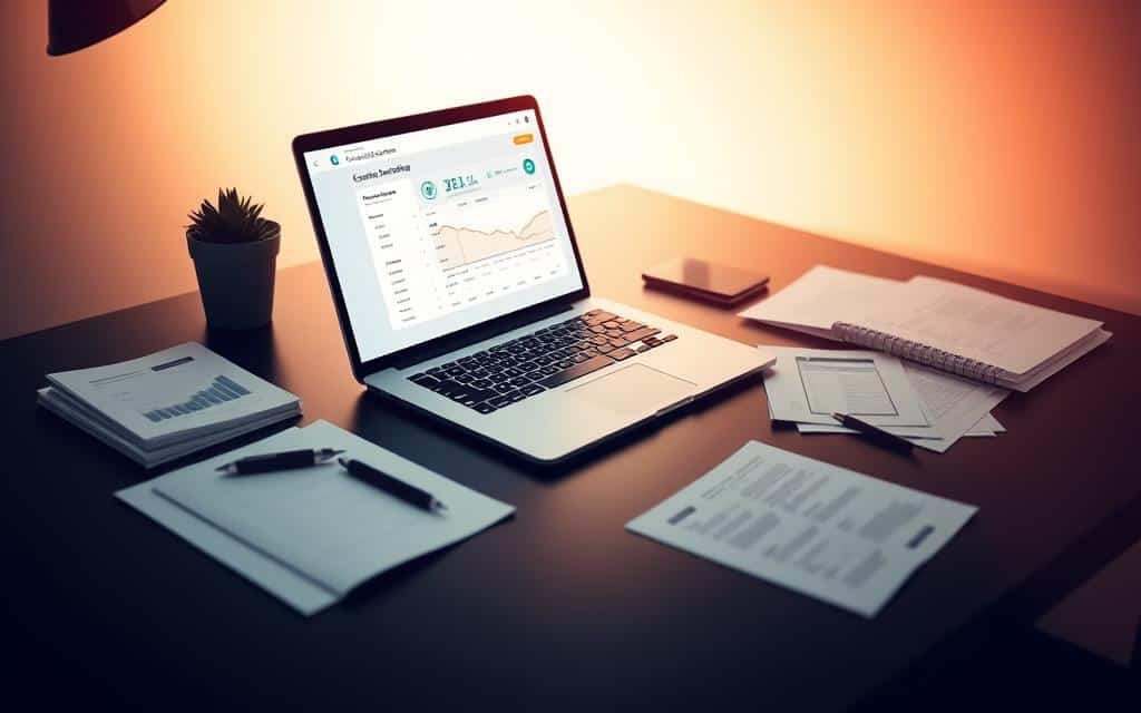 A sleek, professional-looking desk with a laptop, a pen, and various financial documents arranged neatly. The laptop screen displays a credit score monitoring dashboard, showcasing a clear, easy-to-understand interface. The lighting is soft and indirect, creating a warm, authoritative atmosphere. The angle is slightly elevated, giving the viewer a sense of overview and control. The background is a subtle, muted gradient, allowing the key elements to take center stage. The overall composition conveys a sense of financial responsibility, attention to detail, and a streamlined process for checking one's credit score.