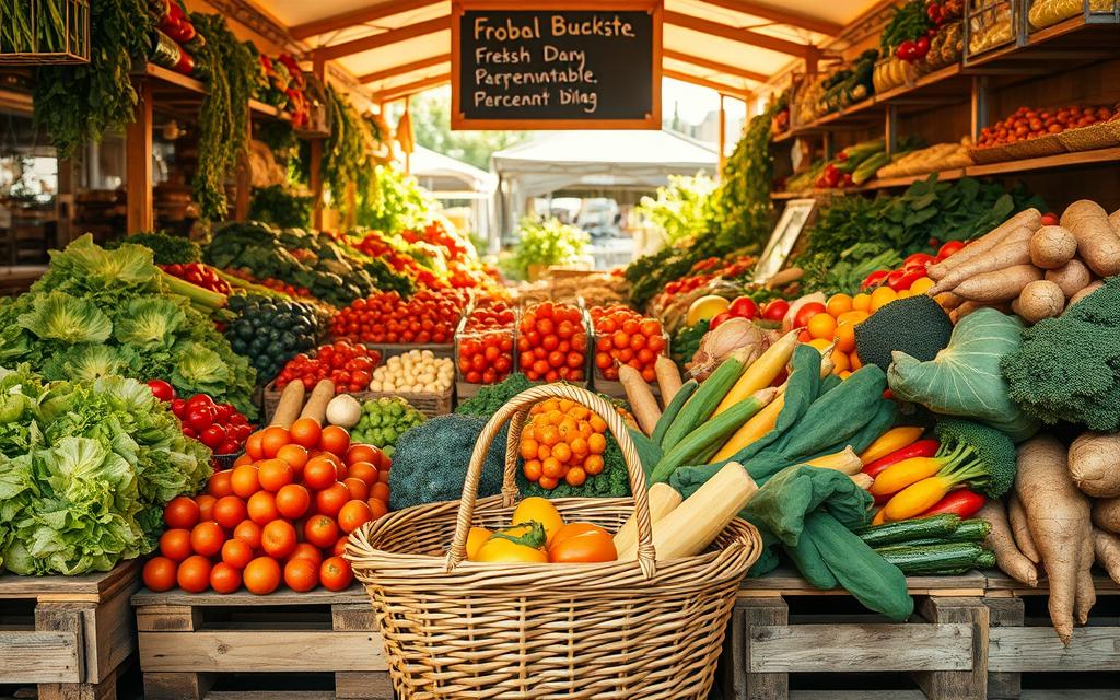 A sprawling farmer's market stall, overflowing with a vibrant array of seasonal produce. Crisp lettuces, juicy tomatoes, colorful peppers, and earthy root vegetables are neatly arranged in wooden crates, their natural textures and hues shining under the warm, golden light of a mid-morning sun. In the foreground, a wicker basket sits invitingly, ready to be filled with the day's seasonal bounty. A rustic chalkboard sign hangs above, providing a helpful guide to the freshest, most affordable produce for the season. The overall atmosphere is one of abundance, quality, and the simple pleasures of shopping locally and in tune with nature's rhythms.
