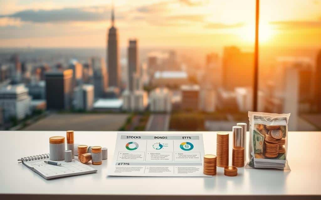 A thoughtful arrangement of investment options for novice investors. In the foreground, a diverse set of financial instruments including stocks, bonds, mutual funds, and ETFs are displayed on a clean, minimalist table. The middle ground features a sleek, modern infographic illustrating the key characteristics and risk profiles of each investment type. The background depicts a serene, sun-dappled cityscape, conveying a sense of stability and long-term growth. Warm, ambient lighting casts a welcoming glow, and a shallow depth of field keeps the focus on the investment options. The overall scene strikes a balance between informative and aspirational, inviting the viewer to explore the world of investing with confidence.