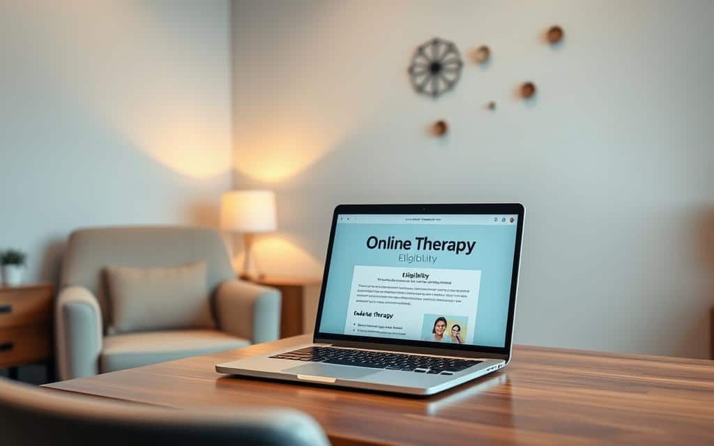 A tranquil, well-lit office setting with a comfortable armchair and a laptop on a wooden desk. A cozy atmosphere, with warm lighting and a peaceful ambiance. The laptop screen displays a website interface showcasing "Online Therapy Eligibility" information, providing a visual cue for the subject. The background features a minimalist, uncluttered wall with soothing wall decor, creating a sense of serenity and professionalism. The overall composition conveys a welcoming and inviting environment for accessing free online therapy services.