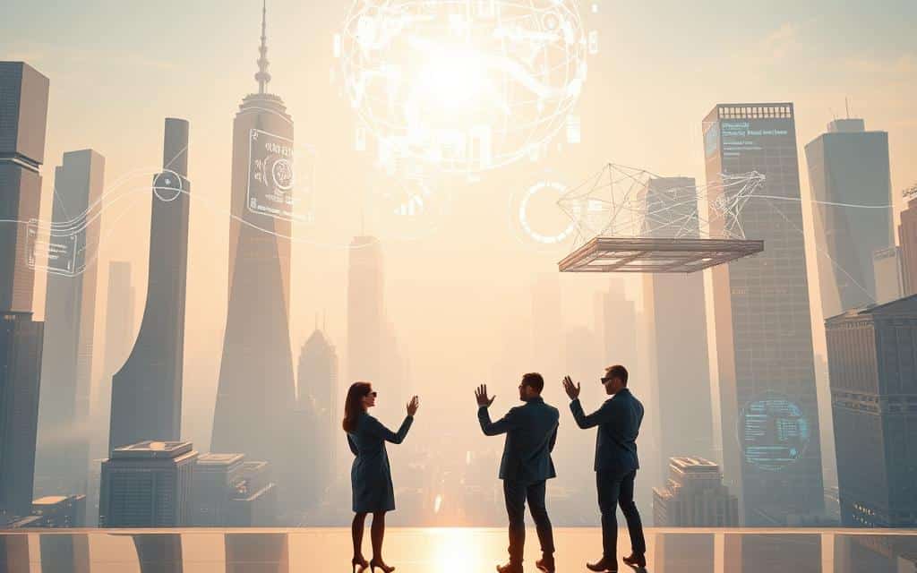 A vast, gleaming cityscape of towering holographic skyscrapers and floating platforms, bathed in a warm, diffuse light. In the foreground, a group of figures in sleek, augmented reality attire gesturing animatedly, immersed in a collaborative virtual workspace. Hovering above, shimmering data visualizations and information streams, offering glimpses into the boundless possibilities of the metaverse. The scene evokes a sense of technological wonder, seamless integration, and a future where the physical and digital realms converge in unprecedented ways.