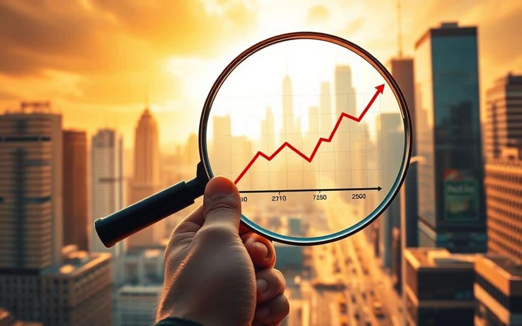 A vibrant and dynamic visual representation of the relationship between inflation and salary. In the foreground, a person holding a magnifying glass, examining a graph that illustrates the connection between rising prices and stagnant wages. The middle ground features a cityscape, with towering skyscrapers and bustling streets, symbolizing the economic landscape affected by these forces. The background is bathed in a warm, golden light, creating a sense of urgency and the need for understanding. The overall composition conveys the complex interplay between inflation and individual financial well-being, inviting the viewer to explore this critical economic dynamic.