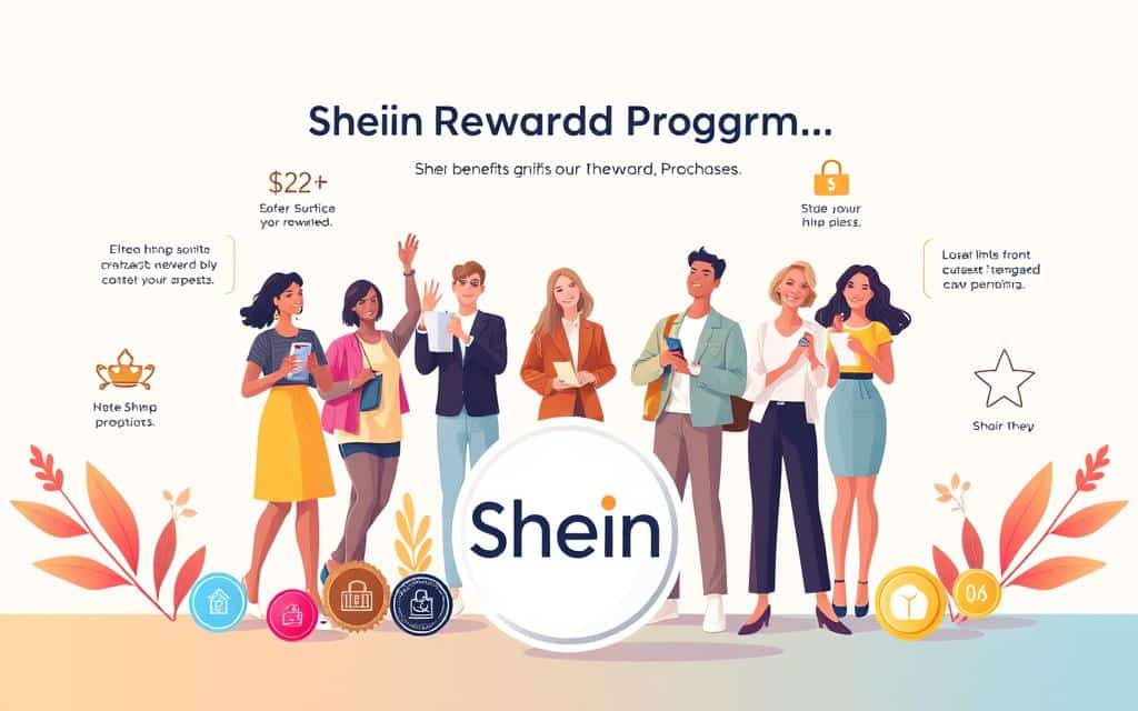 A vibrant and visually appealing illustration showcasing the key benefits of the Shein Reward Program. In the foreground, a stylized Shein logo stands prominently, surrounded by a collection of reward icons and badges, each representing the various incentives and perks offered to engaged customers. The middle ground features a group of diverse, stylishly dressed individuals enthusiastically engaging with their Shein purchases, highlighting the program's ability to reward loyal shoppers. The background is a soft, gradient-based environment, creating a sense of harmony and professionalism. The overall composition is balanced, with a clean and modern aesthetic, reflecting the sleek and contemporary nature of the Shein brand. Warm, natural lighting adds depth and dimension, while a slightly elevated camera angle provides an air of authority and prestige to the scene.