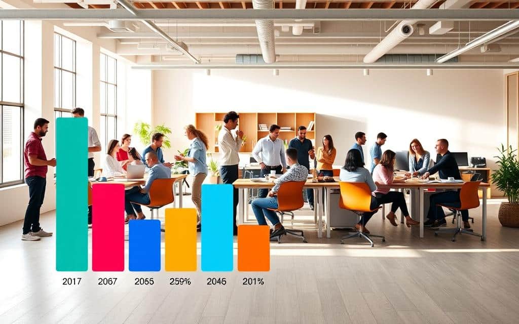 A vibrant, data-driven visual showcasing the impact of employee perks. In the foreground, a dynamic bar chart illustrates key performance metrics, with bold colors and clean typography. The middle ground features a team of diverse office workers engaged in various activities - from group fitness sessions to game nights. The background is a modern, minimalist workspace with natural light streaming in, creating a warm and productive atmosphere. The overall composition conveys a sense of energy, collaboration, and the measurable benefits of an enriched employee experience.