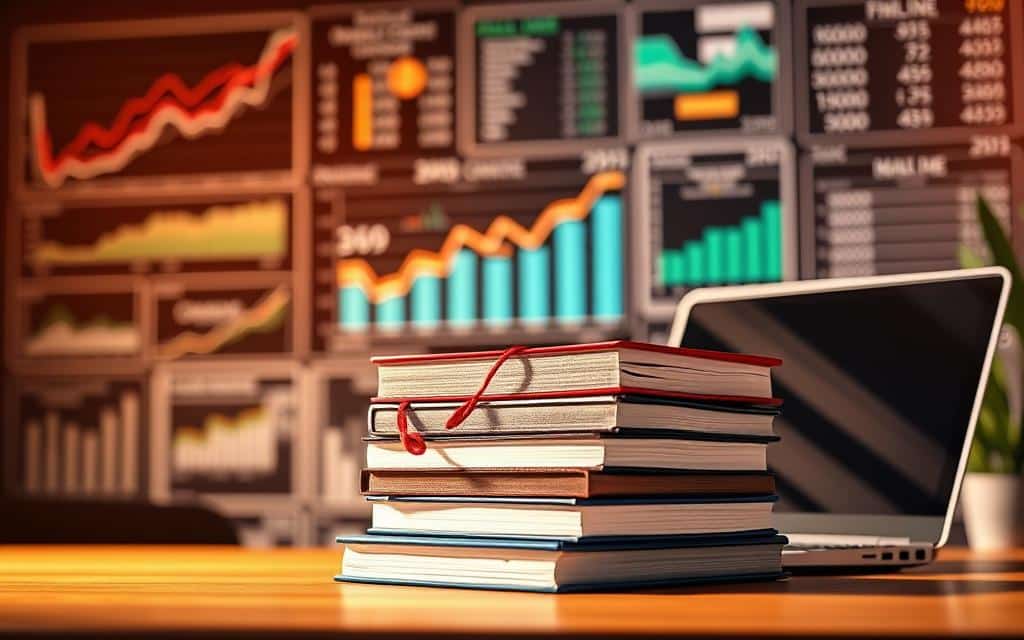 A vibrant, data-driven visualization of online degree costs and financial planning. In the foreground, a stack of textbooks and a laptop against a blurred background of financial charts, graphs, and calculator displays. Warm, directional lighting illuminates the scene, casting shadows and adding depth. The overall mood is one of informed financial decision-making, with a clean, professional aesthetic. The composition emphasizes the importance of carefully considering the costs and budgeting associated with pursuing an online degree program.