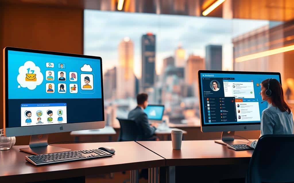 A vibrant, detailed visual comparison of customer support resources for leading cloud storage platforms. In the foreground, two sleek, modern workstations display contrasting service interfaces, with stylized icons and illustrations. The middle ground showcases a fluid, dynamic scene of customer support agents in action, engaged in virtual consultations and live chat sessions. The background subtly frames the scene with a soft, blurred cityscape, conveying a sense of professionalism and connectivity. Warm, directional lighting accentuates the scene, creating depth and highlighting the key elements. A striking, high-resolution panoramic composition, captured with a wide-angle lens to encompass the full scope of the customer support ecosystem.