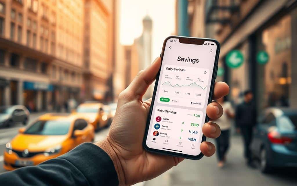 A vibrant, highly detailed image of a person's hand holding a smartphone with a digital savings app interface prominently displayed. The foreground is in sharp focus, capturing the smartphone's screen and the user's hand in a natural, relaxed pose. The background is blurred, suggesting an urban environment with glimpses of buildings, cars, and pedestrians, conveying a sense of daily life and the convenience of mobile financial management. The lighting is soft and diffused, creating a warm, inviting atmosphere that emphasizes the potential for real-life savings and financial empowerment. The overall composition and color palette evoke a feeling of modern, tech-savvy financial responsibility and the tangible benefits of cashback rewards programs.
