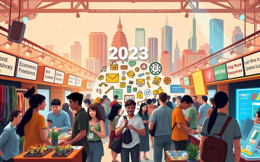 A vibrant marketplace filled with various side hustle opportunities for 2023. In the foreground, a group of diverse entrepreneurs showcasing their unique products and services - from artisanal crafts to tech-driven solutions. The middle ground features a collage of icons and symbols representing the diverse range of side hustles, from e-commerce and freelancing to gig work and online tutoring. In the background, a stylized cityscape with skyscrapers and a modern, dynamic atmosphere, signifying the bustling urban environment where these side hustles thrive. The lighting is a combination of warm, natural tones and cool, neon-like accents, creating an energetic and visually appealing scene. The overall mood is one of possibility, innovation, and the entrepreneurial spirit.