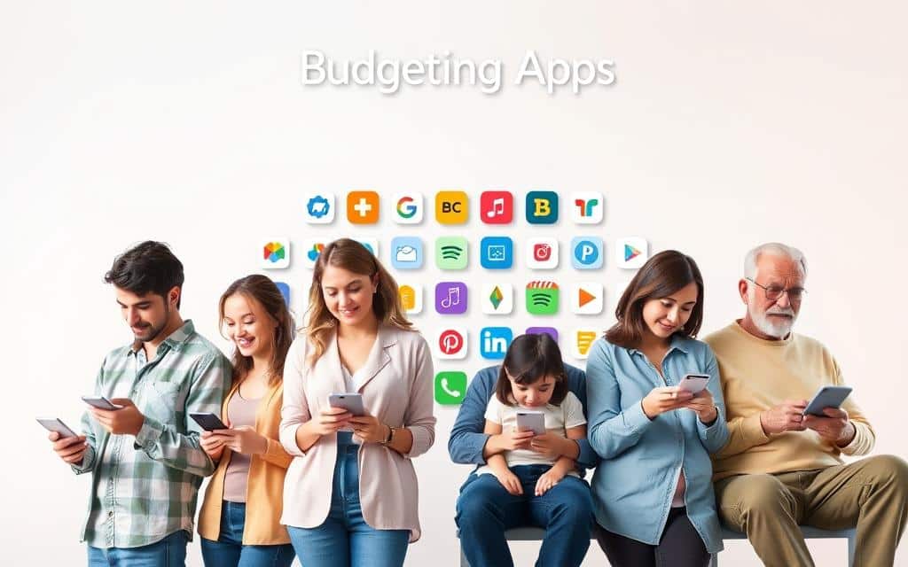 A vibrant, visually striking image showcasing budgeting apps for different life stages. In the foreground, a diverse group of people using various mobile devices, each representing a distinct life stage - a young professional, a newlywed couple, a family with children, and a retiree. The middle ground features a collage of app icons, each with a unique design and purpose, seamlessly integrated into the scene. The background depicts a serene, minimalist setting, with clean lines and a soft color palette that enhances the overall harmony of the composition. The lighting is soft and diffused, creating a sense of warmth and accessibility. Capture the essence of budgeting apps as essential tools for managing finances across diverse lifestyles.