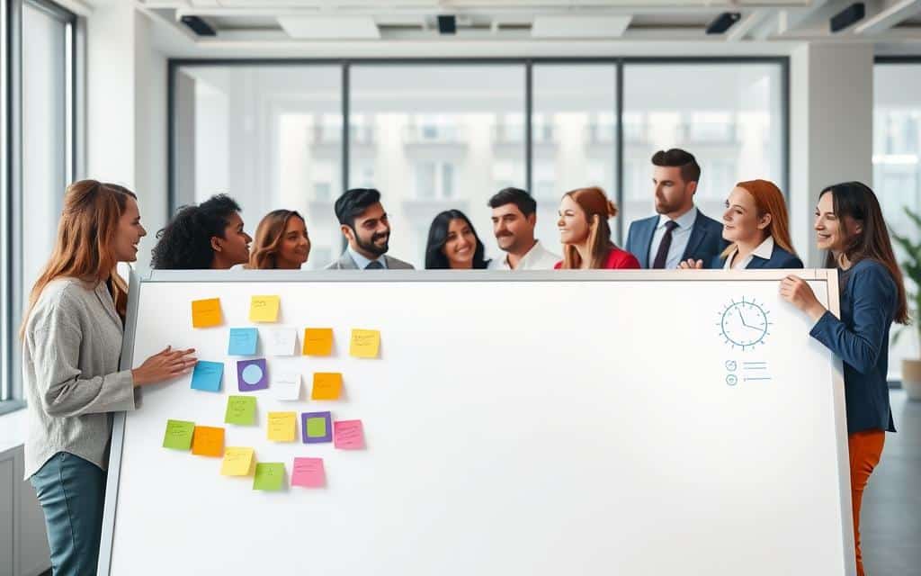 A virtual whiteboard scene with sleek, minimalist design. In the foreground, a large digital canvas with various collaboration tools: colorful virtual sticky notes, shapes, and drawing tools. In the middle ground, a group of diverse professionals animatedly discuss ideas, gesturing towards the whiteboard. The background is a clean, modern office space with large windows, allowing natural light to flood the scene. The lighting is soft and even, creating a focused, productive atmosphere. The overall composition is well-balanced, emphasizing the collaborative nature of the online whiteboard tools.