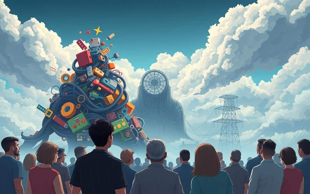 A well-lit, artistic illustration depicting "Coding for Beginners Myths". In the foreground, a group of perplexed individuals face a towering pile of misunderstood coding concepts, represented by abstract shapes and symbols. In the middle ground, a maze of tangled cables and circuits creates a sense of complexity, while the background features a cloudy, ethereal landscape, hinting at the intimidating nature of the subject matter. The overall mood is one of bewilderment and misconception, with a touch of whimsy and playfulness to convey the approachability of the topic. Rendered in a vibrant, digital art style with a cinematic, widescreen aspect ratio.