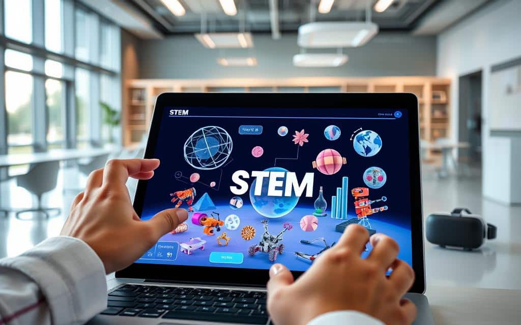 A well-lit, close-up view of a cutting-edge laptop or tablet displaying interactive STEM-related educational content. In the foreground, a student's hands are actively engaging with the touchscreen interface, exploring 3D models, data visualizations, and interactive simulations. The middle ground features various STEM learning tools and gadgets, such as robotics kits, virtual reality headsets, and scientific probes, all arranged in a visually appealing composition. The background showcases a modern, high-tech classroom or laboratory setting, with sleek furniture, floor-to-ceiling windows, and a clean, minimalist aesthetic. The overall scene conveys a sense of innovation, technology-driven exploration, and the seamless integration of digital tools in STEM education.